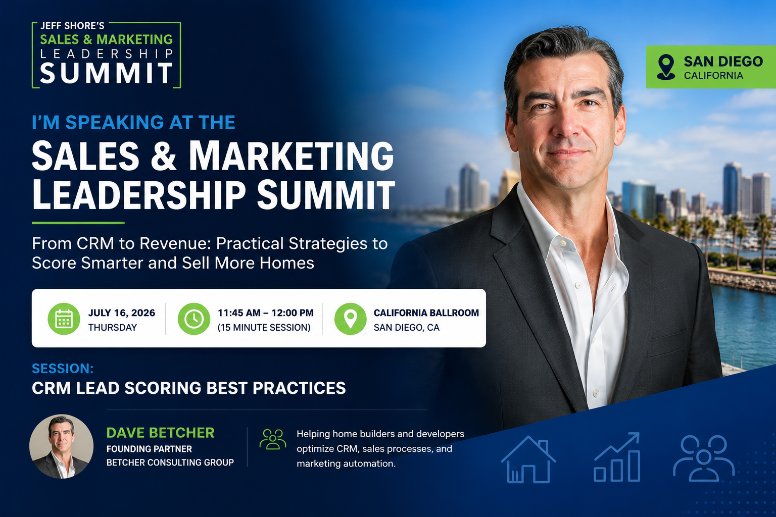Dave Betcher speaking at a home builder sales and marketing event, sharing CRM best practices and lead management strategies with industry professionals.